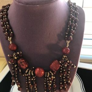 Antique Long Beaded Necklace Rust and Brown